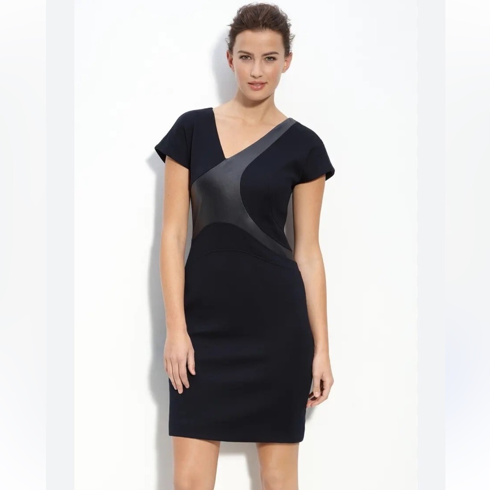 BOSS Hugo Boss Black Sheath Dress US 4 Leather Trim Cotton Career Cocktail